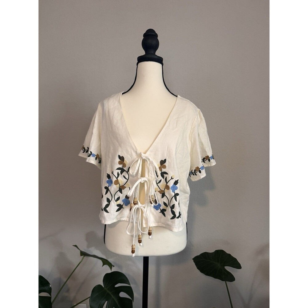 Rachel Zoe Embroidered Linen Blend Tie Front Boho Crop Top Ivory Size M